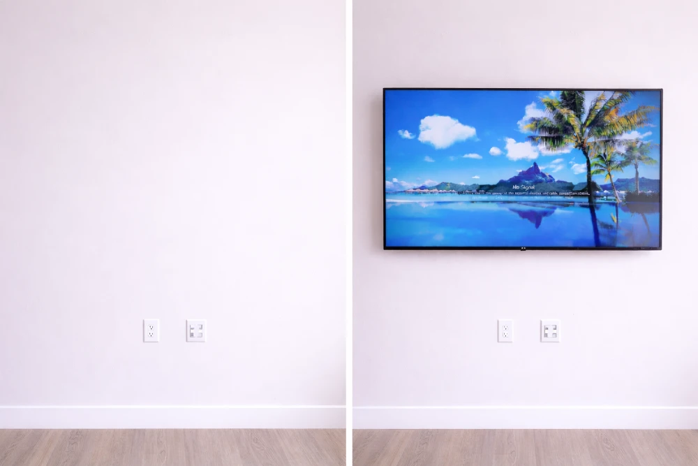 Before and after TV mounting example with concealed wiring on the wall