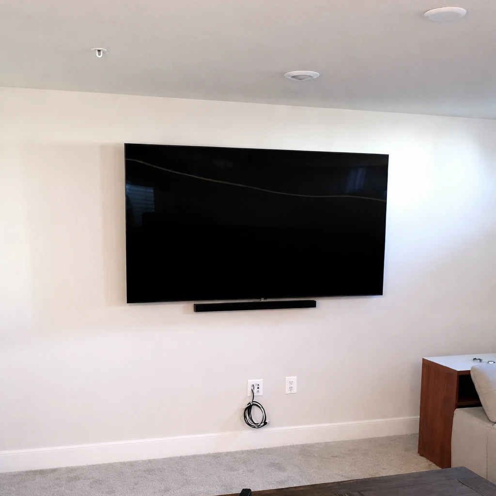 TV and soundbar installation with concealed cords for a home cinema setup