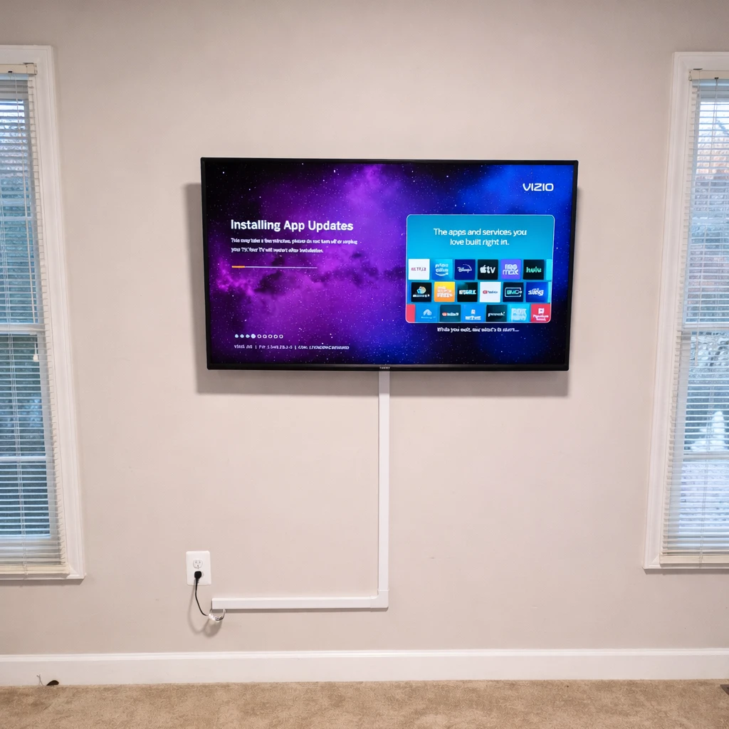 Wall-mounted TV with external cord concealment routed below the screen