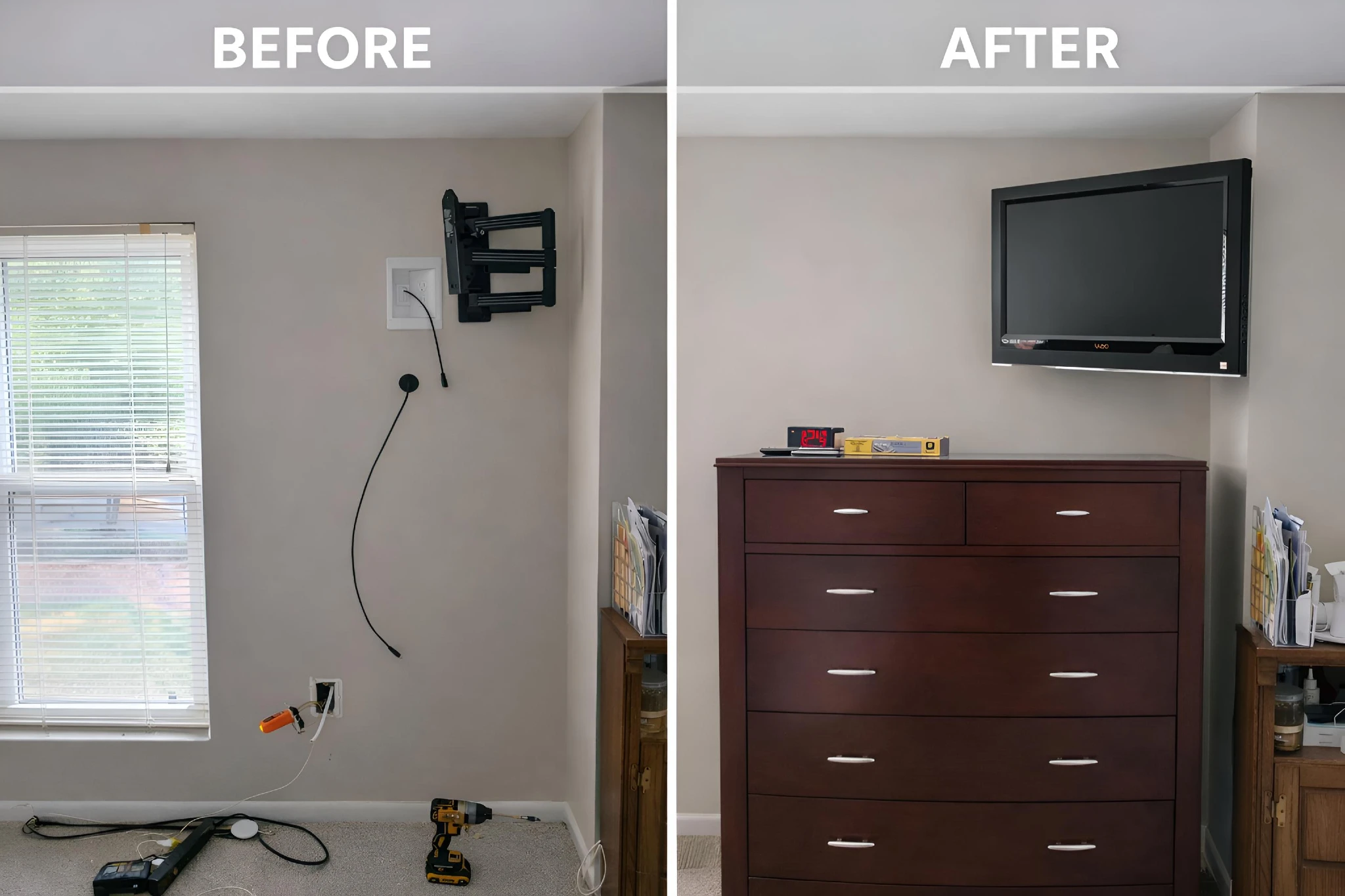 Before and after TV mounting with a clean corner floating installation