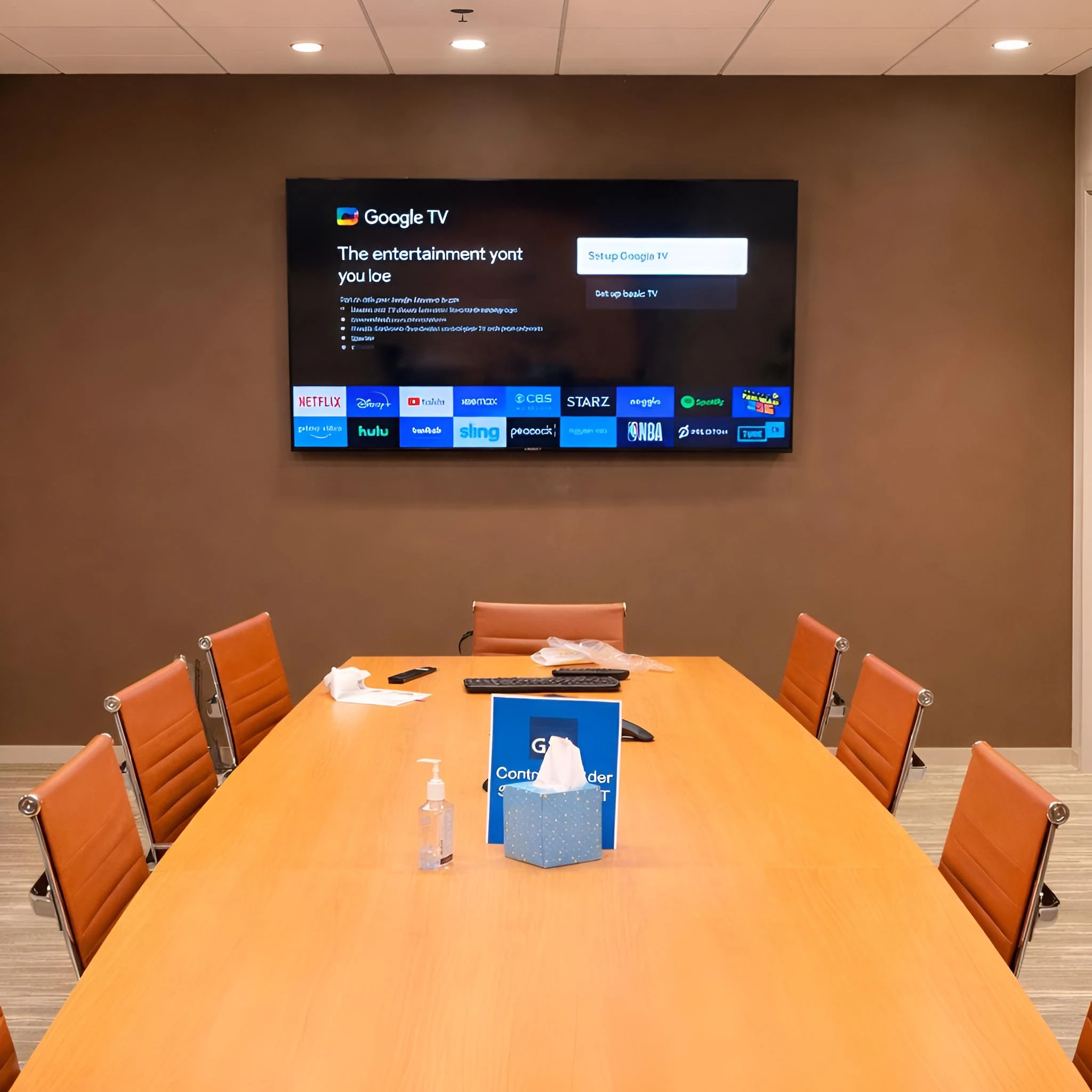 Leveled conference room TV mounting with clean professional installation