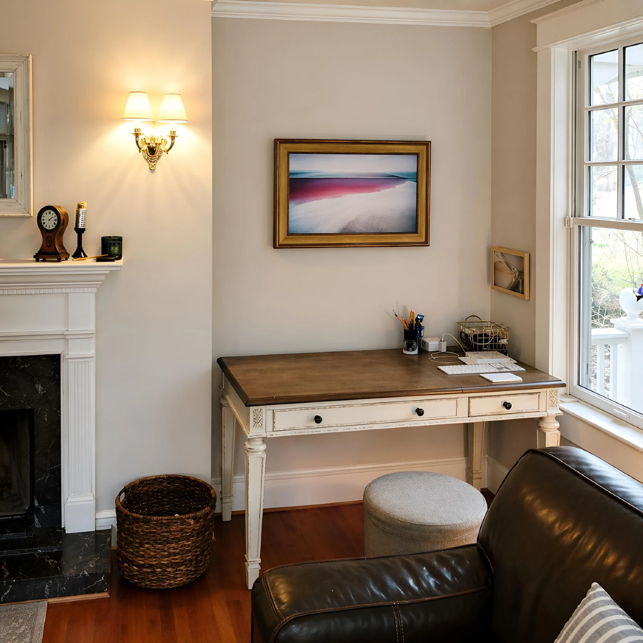 Samsung Frame TV wall installation in a home office with a framed art-style finish