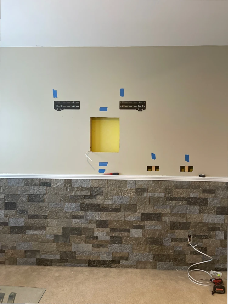 Samsung Frame TV installation wall mount layout with cutouts prepared for a media box