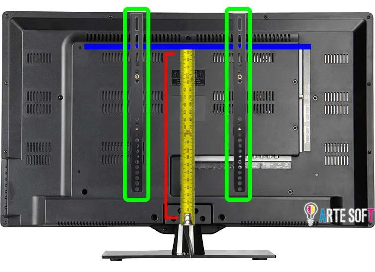 Back of TV showing bracket placement and VESA measurement