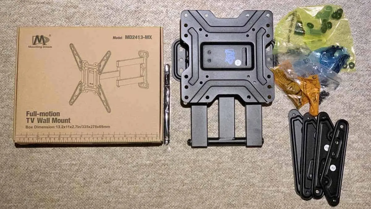 TV wall mount hardware and bracket parts before installation