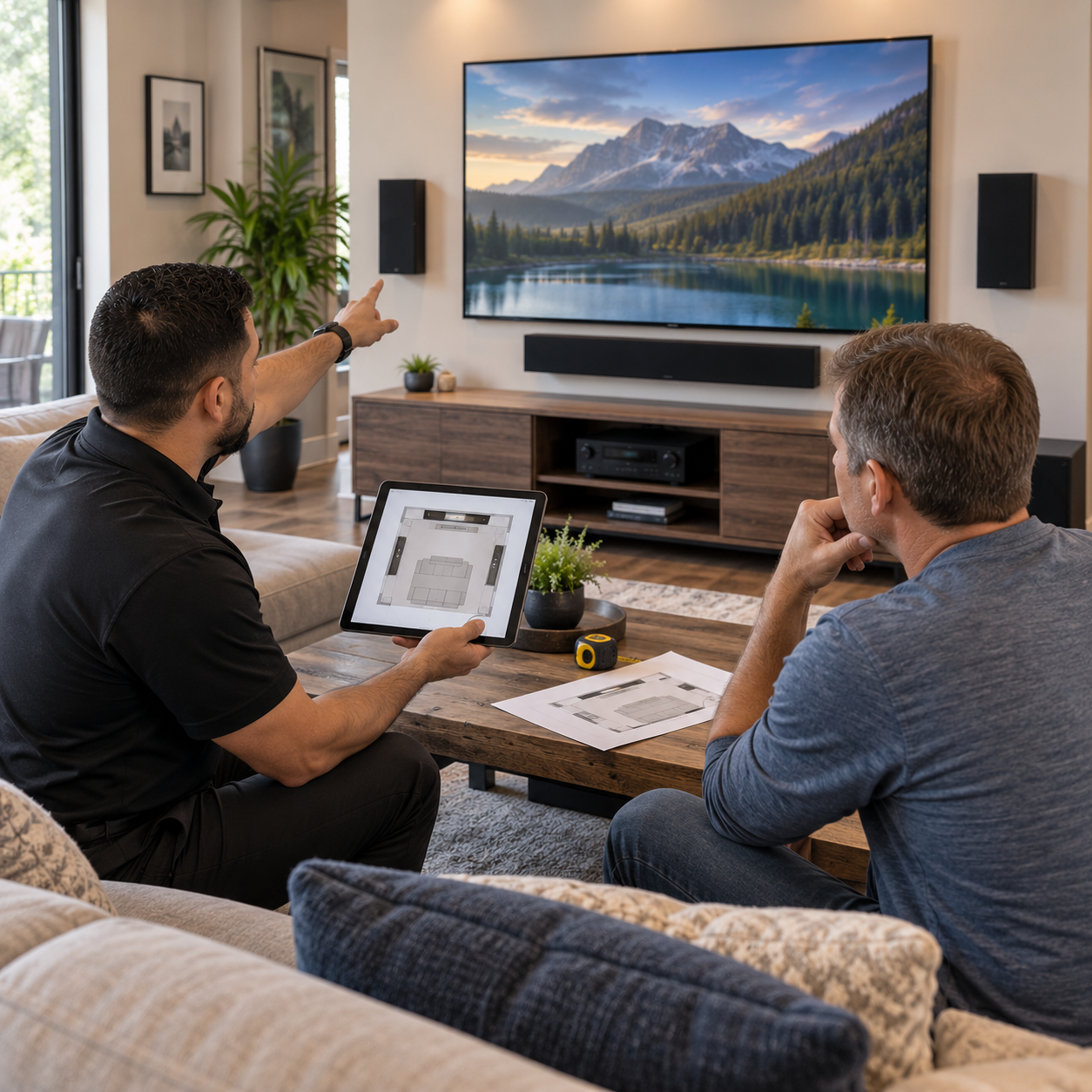 Living room AV system with TV, soundbar, speakers, and receiver placed for everyday use