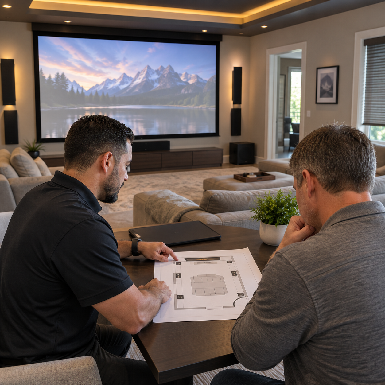 Home theater design consultation illustration