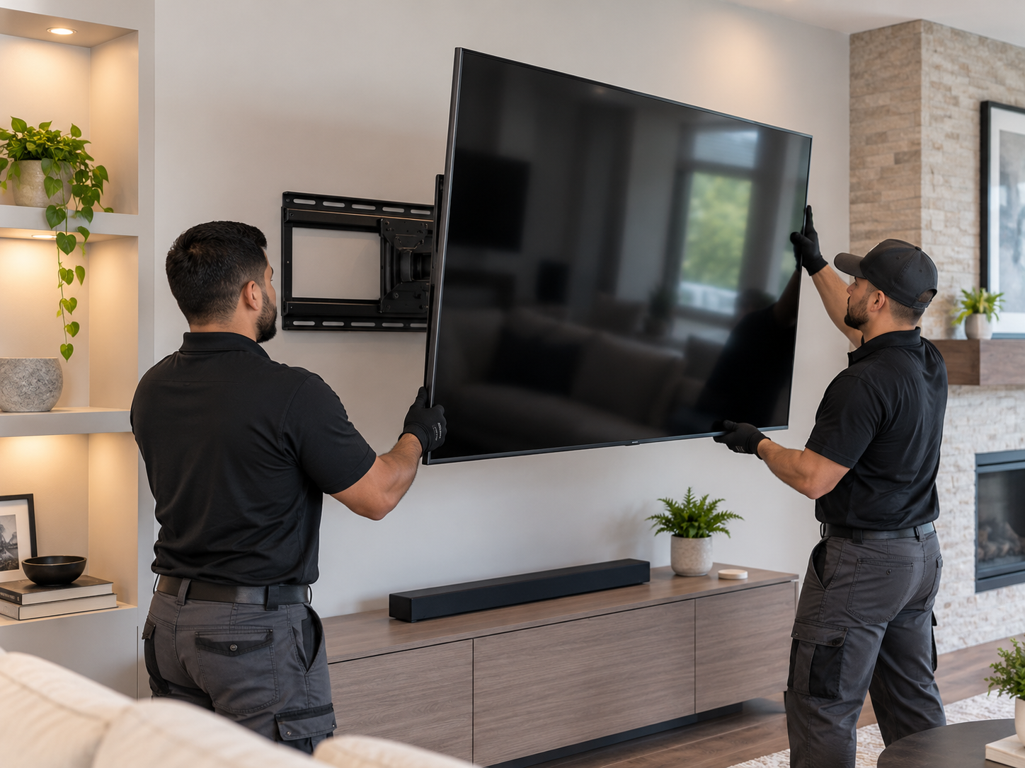 Careful two-person TV dismount and remount service