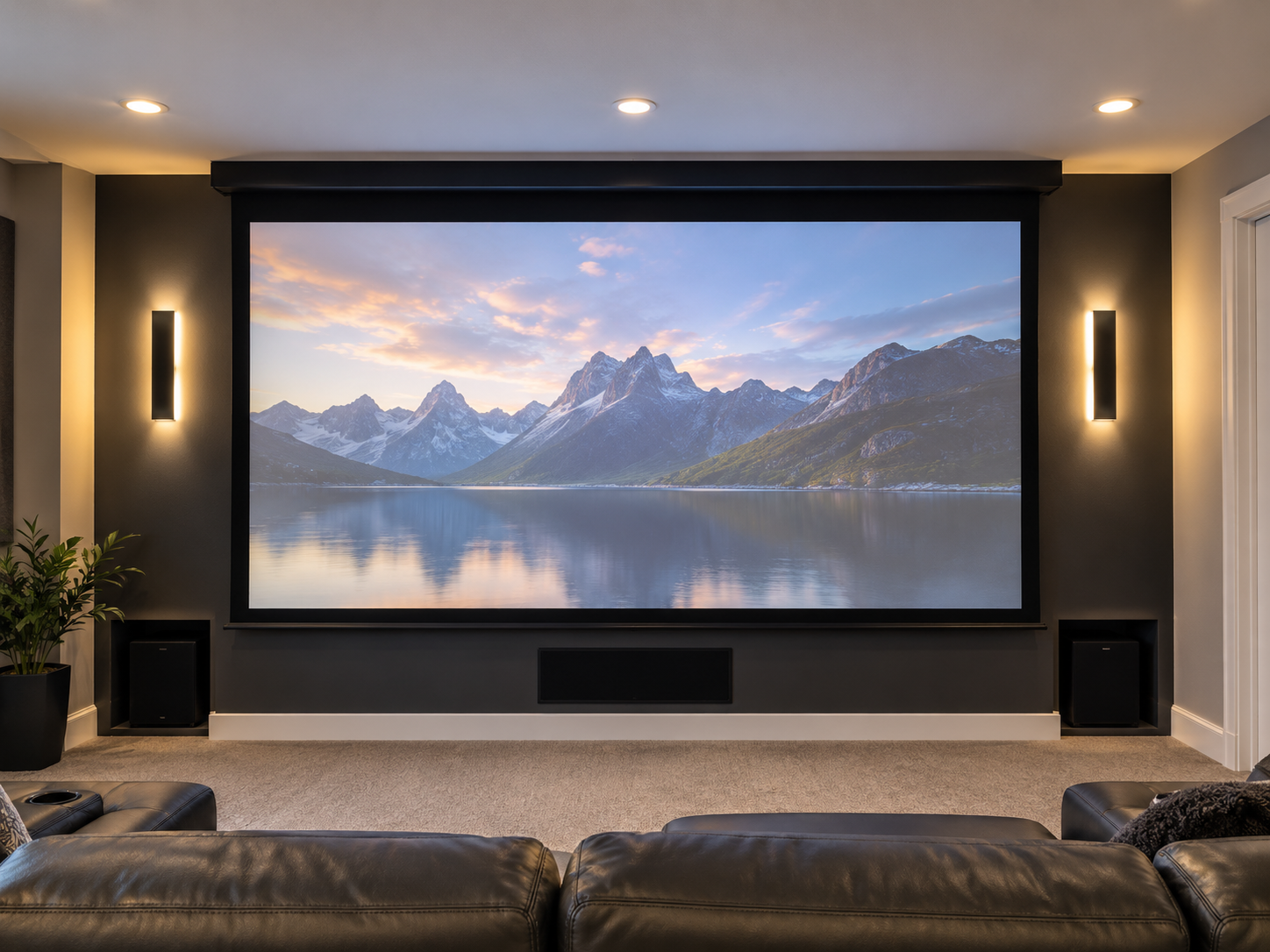 Installed projector screen in a home entertainment room