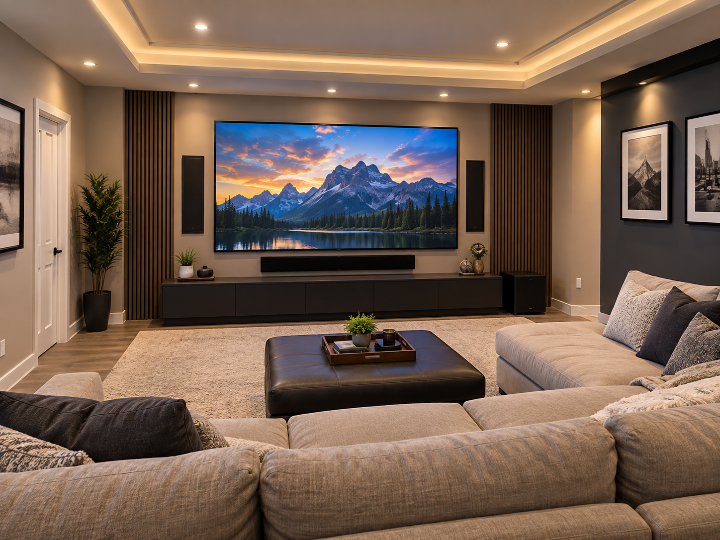 Finished media room with display, audio, and seating